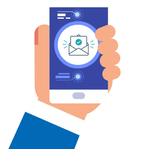 A hand holds a smartphone displaying a notification icon for a message, featuring an envelope with a checkmark. The background is a simple blue gradient with additional interface elements.