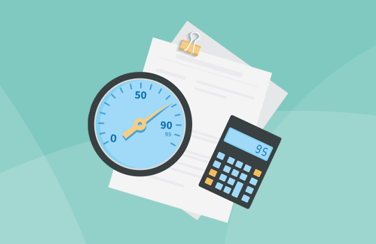 A speedometer and a calculator rest on a stack of documents, indicating a task involving measurements or calculations within a simple, light-colored background.