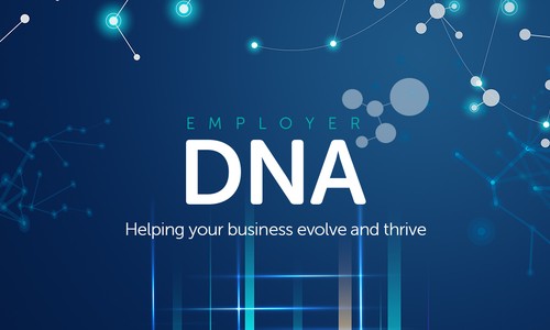 Abstract, glowing network connections scatter across a dark blue background. Prominently displayed in white and teal text are the words "Employer DNA" and "Helping your business evolve and thrive."