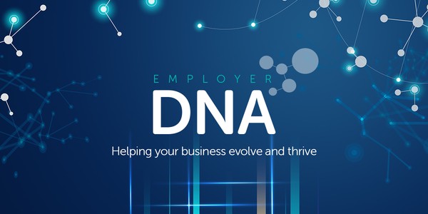 Abstract, glowing network connections scatter across a dark blue background. Prominently displayed in white and teal text are the words "Employer DNA" and "Helping your business evolve and thrive."