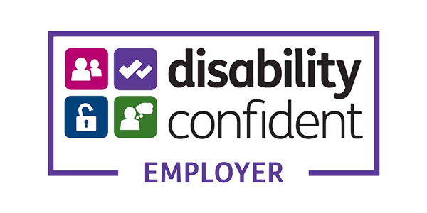 A colorful logo featuring four icons: two figures, a checkmark, a lock, and a brain symbol. The text reads “disability confident EMPLOYER,” indicating support for inclusivity in employment.