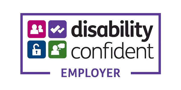 A colorful logo featuring four icons: two figures, a checkmark, a lock, and a brain symbol. The text reads “disability confident EMPLOYER,” indicating support for inclusivity in employment.