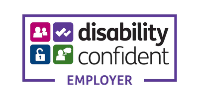 A colorful logo featuring four icons: two figures, a checkmark, a lock, and a brain symbol. The text reads “disability confident EMPLOYER,” indicating support for inclusivity in employment.