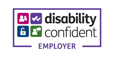 A colorful logo featuring four icons: two figures, a checkmark, a lock, and a brain symbol. The text reads “disability confident EMPLOYER,” indicating support for inclusivity in employment.