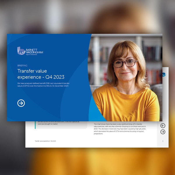 A woman with medium-length brown hair and glasses sits smiling, wearing a yellow shirt. A blue presentation slide partially overlays her image, titled "Transfer value experience - Q4 2023."