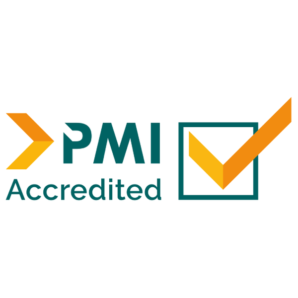 A logo features the text "PMI Accredited" alongside a checkmark and directional arrows. It is designed with a combination of teal, orange, and yellow colors against a white background.