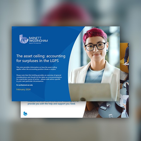 A woman with short pink hair and glasses smiles while seated at a desk, with a laptop and documents nearby. Text on a blue background discusses asset ceiling accounting in the LGPS.