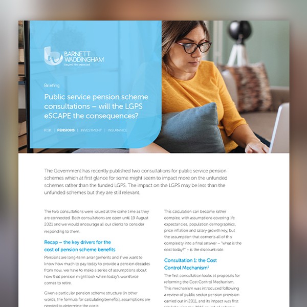 A woman with glasses sits on a couch, engaged in reading a document. The setting features neutral tones and a modern decor, suggesting a comfortable indoor workspace. Text discusses pension consultations.