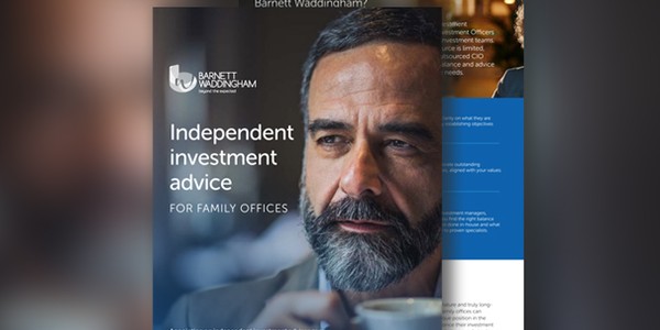 A man with a beard looks thoughtfully at a document titled "Independent investment advice for family offices," which is part of a brochure about financial advisory services.