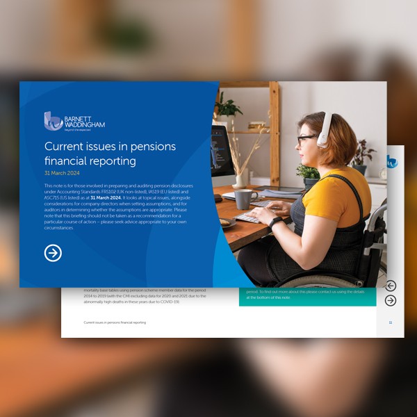 A person wearing headphones is sitting at a desk, working on a computer, with documents on the table. Bright wood and a plant create a professional, home-office environment. 

Text:  
"Current issues in pensions financial reporting  
31 March 2024  
This 