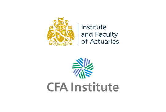 Two organizational logos are displayed. The top logo features a coat of arms above the text “Institute and Faculty of Actuaries.” The bottom logo shows a stylized design with the text “CFA Institute.”