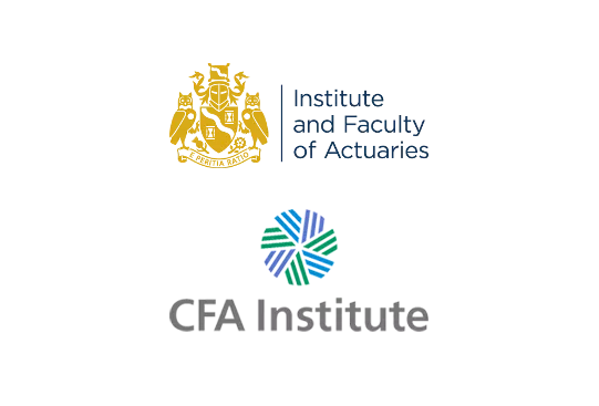 Two organizational logos are displayed. The top logo features a coat of arms above the text “Institute and Faculty of Actuaries.” The bottom logo shows a stylized design with the text “CFA Institute.”