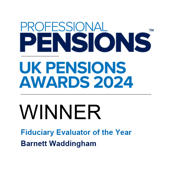 A logo displays the text "PENSIONS UK PENSIONS AWARDS 2024." It announces "WINNER" and states "Fiduciary Evaluator of the Year Barnett Waddingham." The design emphasizes success in pension evaluation.