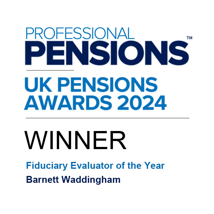 A logo displays the text "PENSIONS UK PENSIONS AWARDS 2024." It announces "WINNER" and states "Fiduciary Evaluator of the Year Barnett Waddingham." The design emphasizes success in pension evaluation.