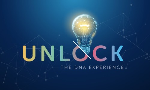 A glowing light bulb, represented with a network design, is the central focus, symbolizing ideas or insights. The text reads: "UNLOCK THE DNA EXPERIENCE" beneath it, set against a blue background.