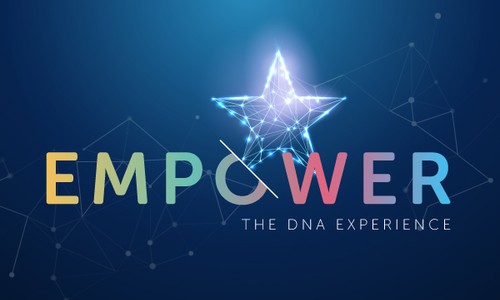 Colorful text spells "EMPOWER" with a glowing star above it, surrounded by a dark blue background featuring a network of geometric lines, suggesting a technological or scientific theme. Below the main text is the phrase "THE DNA EXPERIENCE."