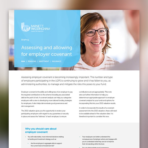 A woman with glasses smiles at the viewer, while a document titled "Assessing and allowing for employer covenant" explains the importance of managing risks in employer participation.
