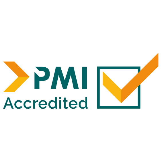 PMI Accredited logo features a stylized arrow pointing right, “PMI” in teal, and “Accredited” in a similar font. A checkmark within a box, colored in orange and teal, symbolizes approval.
