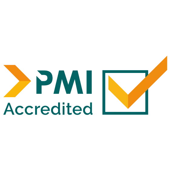 PMI Accredited logo features a stylized arrow pointing right, “PMI” in teal, and “Accredited” in a similar font. A checkmark within a box, colored in orange and teal, symbolizes approval.