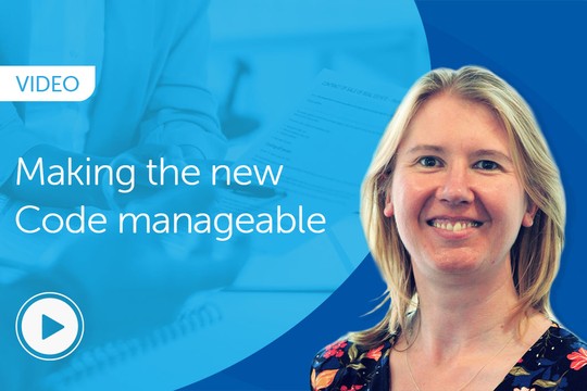 A woman smiles warmly, presenting a professional demeanor. Text overlays highlight a video titled "Making the new Code manageable." The background features blurred office documents and a blue color scheme.