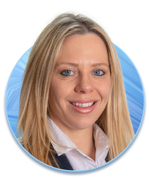 A woman with long blonde hair smiles, wearing a black suit jacket over a white blouse. The background features a smooth blue design, highlighting her professional appearance.