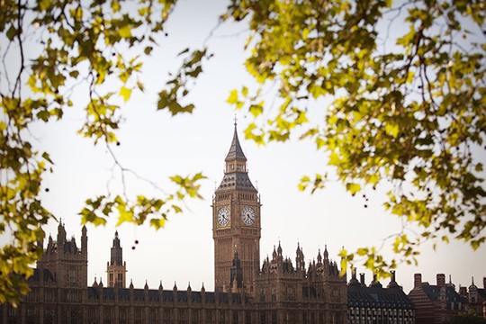 A clock tower stands prominently amidst autumn leaves, showcasing intricate architecture. The background reveals historic buildings under a clear sky, suggesting a tranquil afternoon in London.