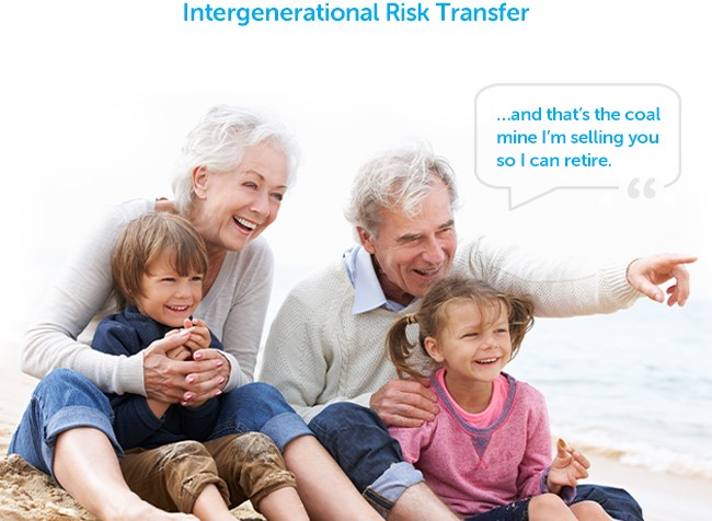 A happy family sits on a beach, with two grandparents holding two young children. The grandfather humorously discusses a coal mine sale, while the atmosphere is bright and cheerful. 

Text: "Intergenerational Risk Transfer" and "...and that's the coal min