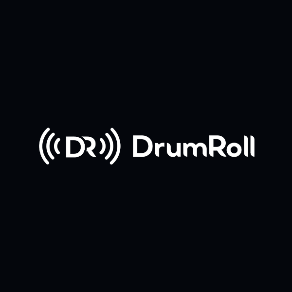 A logo features a combination of sound wave icons and the letters "DR" beside the word "DrumRoll," all presented in white on a black background.