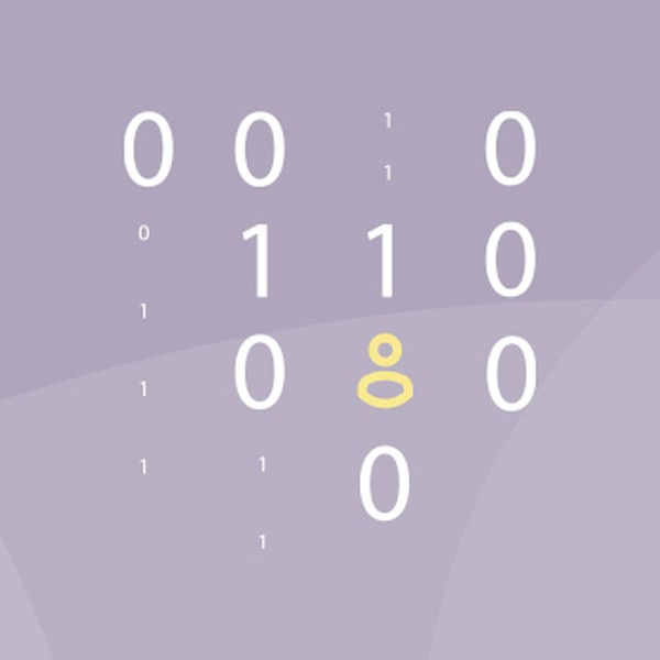 A sequence of binary numbers (0s and 1s) is displayed on a light purple background, with one yellow circle positioned amongst them, creating a visual pattern amid a soft gradient.