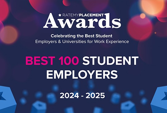 A digital graphic displays the title "Awards" prominently, celebrating the top student employers for work experience. The text highlights "BEST 100 STUDENT EMPLOYERS" for 2024-2025, set against a colorful background.