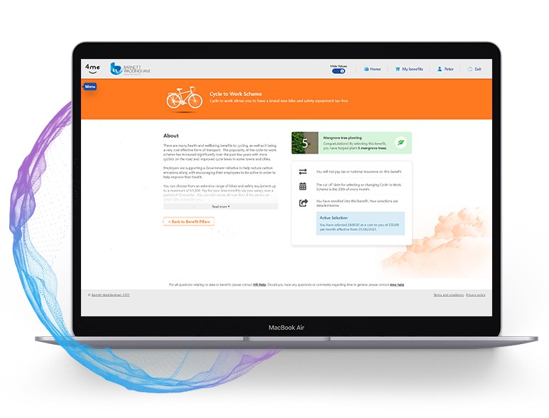 A laptop displays a webpage about a "Cycle to Work Scheme." It outlines benefits for acquiring cycling equipment tax-free, featuring sections on selecting benefits and managing participation.