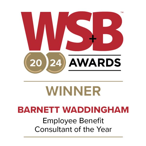 A logo displays the "WSB +" text prominently at the top, with "2024 AWARDS" below. It declares "WINNER" for "BARNEY WADDINGHAM" in the category of "Employee Benefit Consultant of the Year."