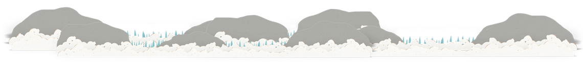 A series of stylized, gray and white mountain shapes form a landscape. Wispy patterns suggest clouds along the base, with hints of turquoise indicating water or sky in the background.