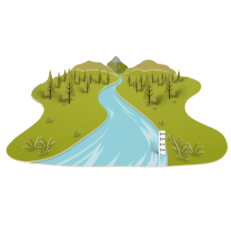 A winding river flows through a green, hilly landscape dotted with trees and grass. In the background, mountains rise, creating a serene natural setting.