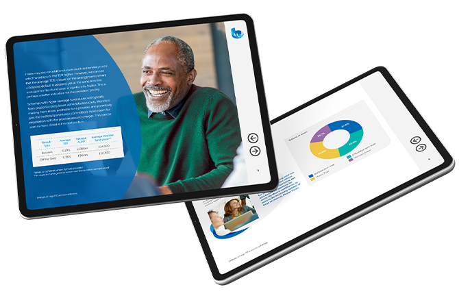 A digital tablet displays two screens. One shows a smiling older man in a green sweater, while the other features graphs and text, likely presenting data or information within a professional context.