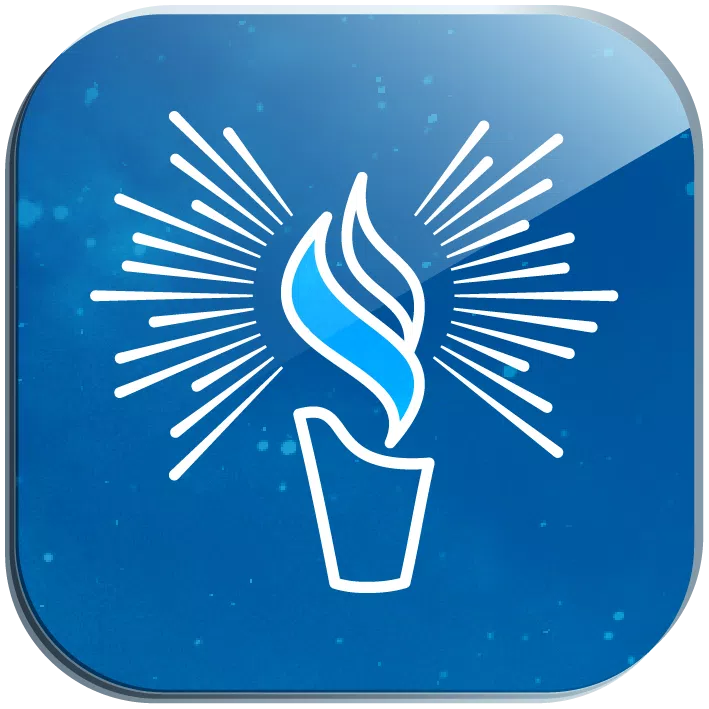 A stylized blue flame emanates from a cup, surrounded by burst-like rays. The background is a gradient of blue, giving a vibrant and energetic ambiance.