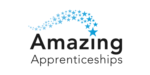 A logo featuring the word "Amazing" in bold black text, with "Apprenticeships" below in a lighter font. Above, a whimsical arrangement of blue stars creates a magical effect.
