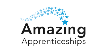 A logo featuring the word "Amazing" in bold black text, with "Apprenticeships" below in a lighter font. Above, a whimsical arrangement of blue stars creates a magical effect.