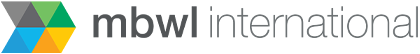 A colorful logo features interlocking geometric shapes in various colors: blue, green, yellow, and gray. The text "mbwl international" is displayed to the right in a modern, sans-serif font.