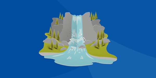 A waterfall cascades down rocky cliffs, surrounded by stylized greenery. Water flows into a calm pool, set against a simple blue background, creating a serene natural scene.