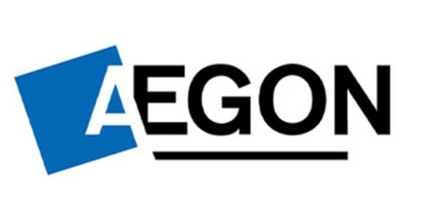 A blue square partially overlaps the word "AEGON," which is bold and black. The text appears against a plain white background, suggesting a corporate or financial context.