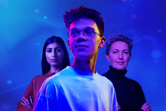 Three individuals are positioned closely together, each displaying confidence. They are illuminated by vibrant blue and purple lights, creating a modern and dynamic atmosphere.