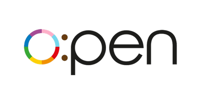 A colorful logo features the word "open" with a circular design in vibrant hues of pink, green, and blue, set against a white background, conveying accessibility and creativity.