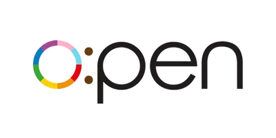 A colorful logo features the word "open" with a circular design in vibrant hues of pink, green, and blue, set against a white background, conveying accessibility and creativity.