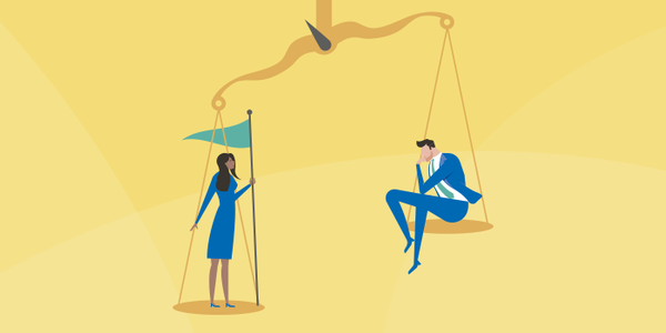 A woman in a blue dress holds a flag while standing on one side of a scale. A man in a blue suit sits on the opposite side, looking contemplative. The background is yellow and abstract.