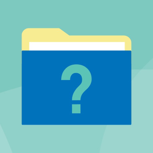 A blue folder with a yellow tab displays a large question mark. It is set against a light teal background with subtle curved shapes, suggesting an organized yet uncertain context.