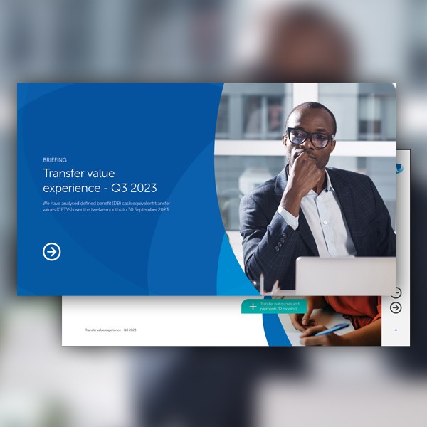 A man in a suit, with glasses, sits thoughtfully while observing a digital presentation titled "Transfer value experience - Q3 2023," displayed on a computer screen. The background features a window with natural light.