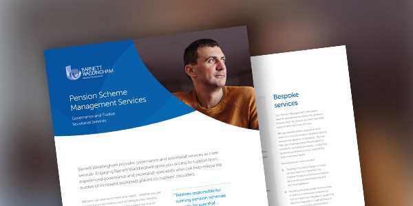 A man with short dark hair is looking thoughtfully to his right, while two documents featuring corporate branding and text about pension scheme management services are positioned in the foreground.