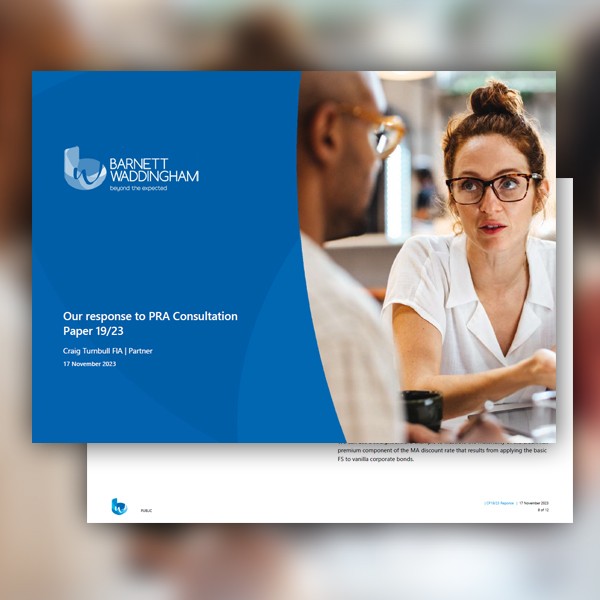 A presentation slide displays a conversation between two professionals, one speaking and the other listening attentively. The context includes a corporate setting, with a focus on consultation paper details. 

Text: "Our response to PRA Consultation Paper