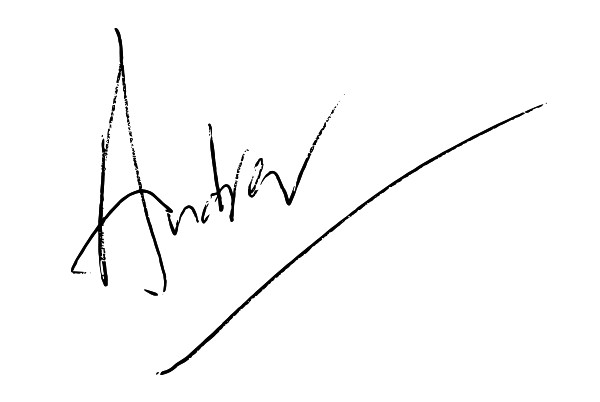 A handwritten signature of a person named "Andrew" is displayed. The signature features a stylized, flowing script with a prominent flourish extending from the end, set against a plain white background.